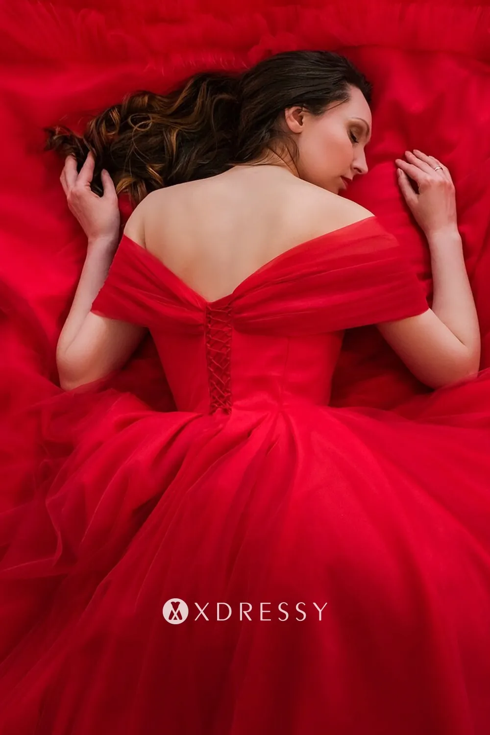 off shoulder lace up back prom dress