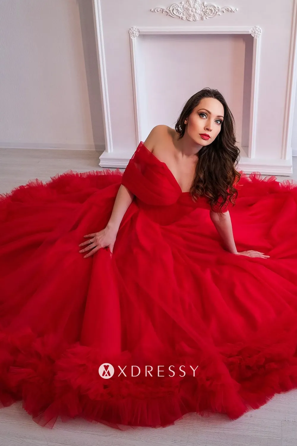 off shoulder ruffle tiered red engagement dress