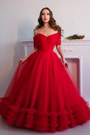 off shoulder ruffled red tulle princess wedding dress