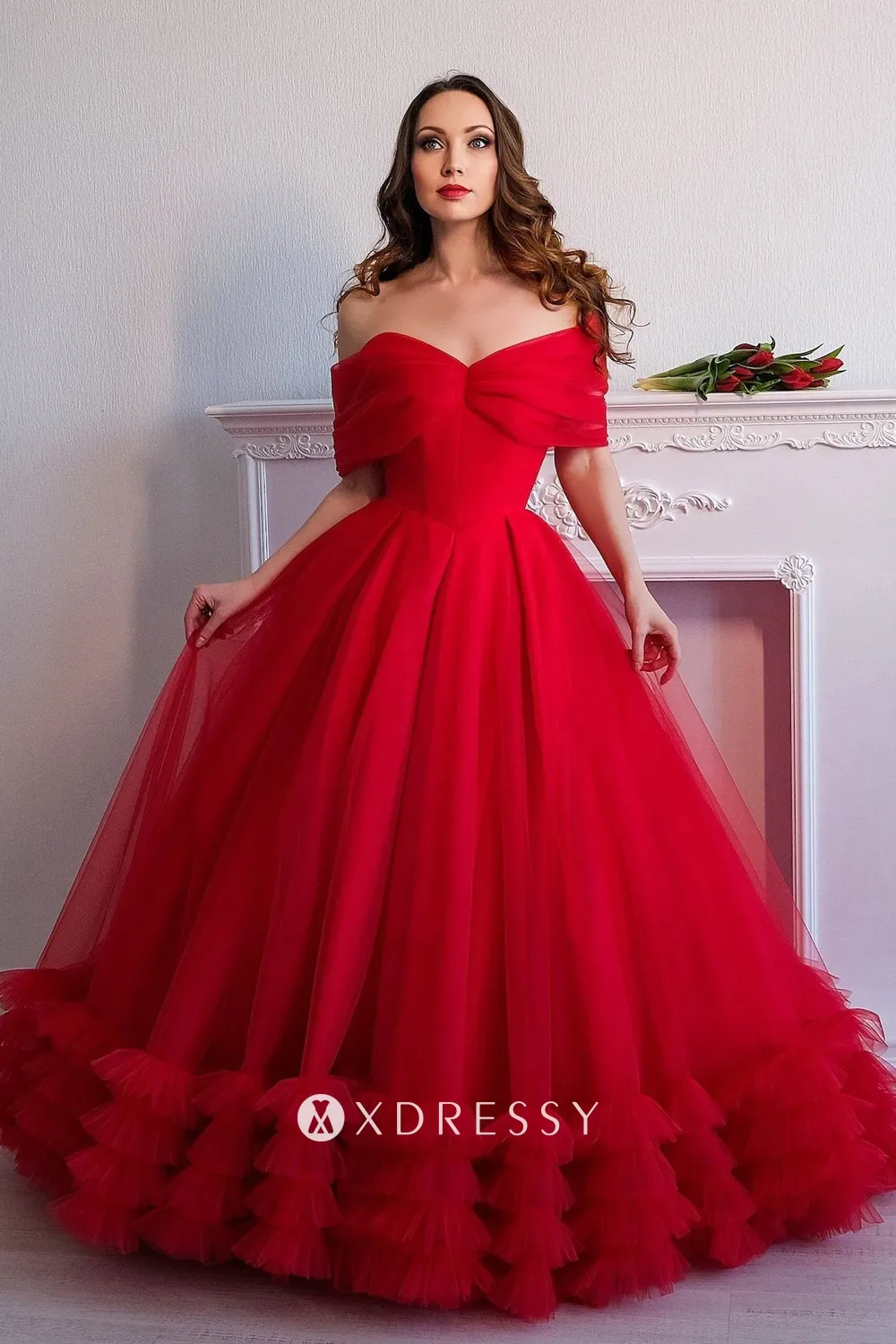 off shoulder ruffled red tulle princess wedding dress