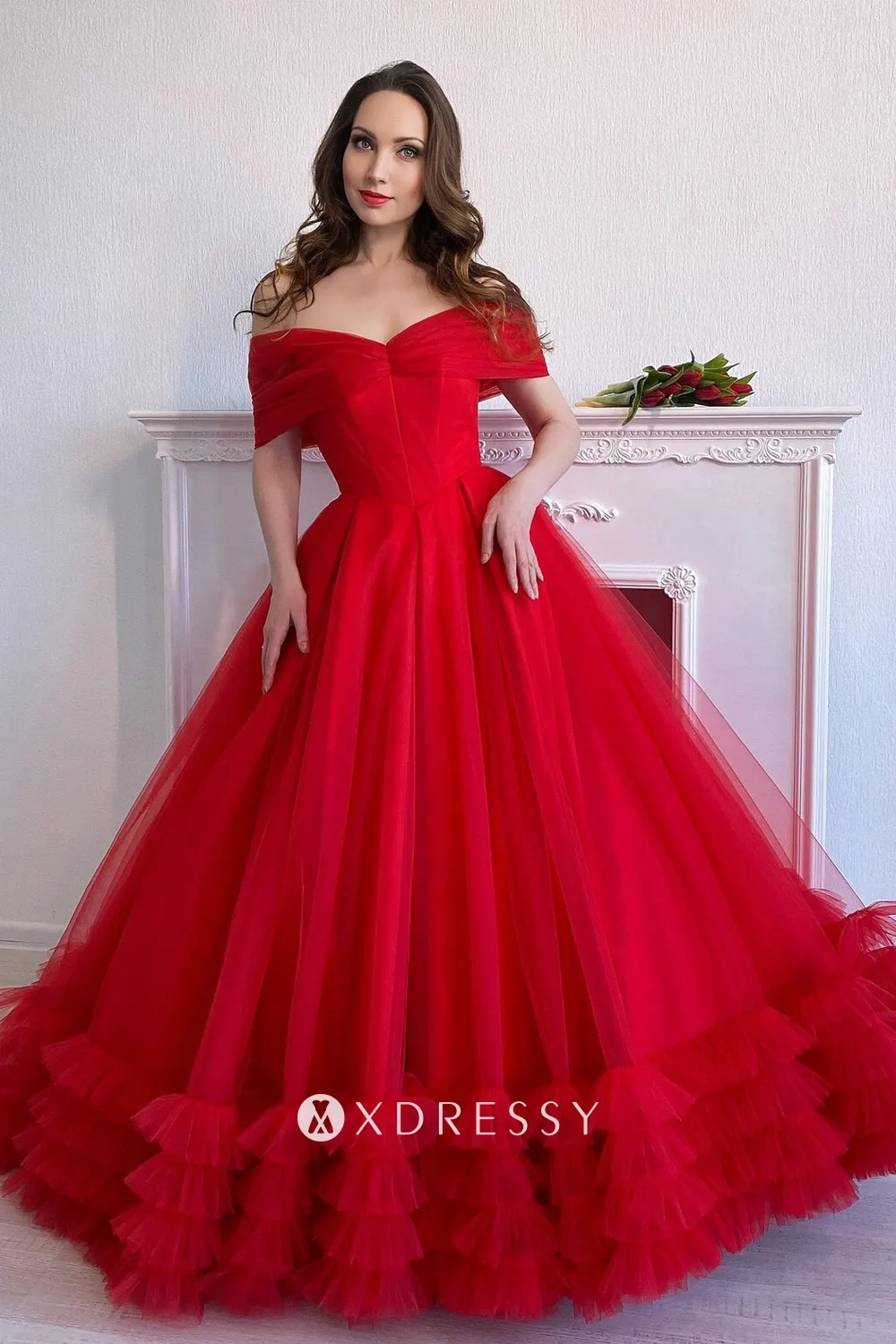 off the shoulder red tulle prom ball gown