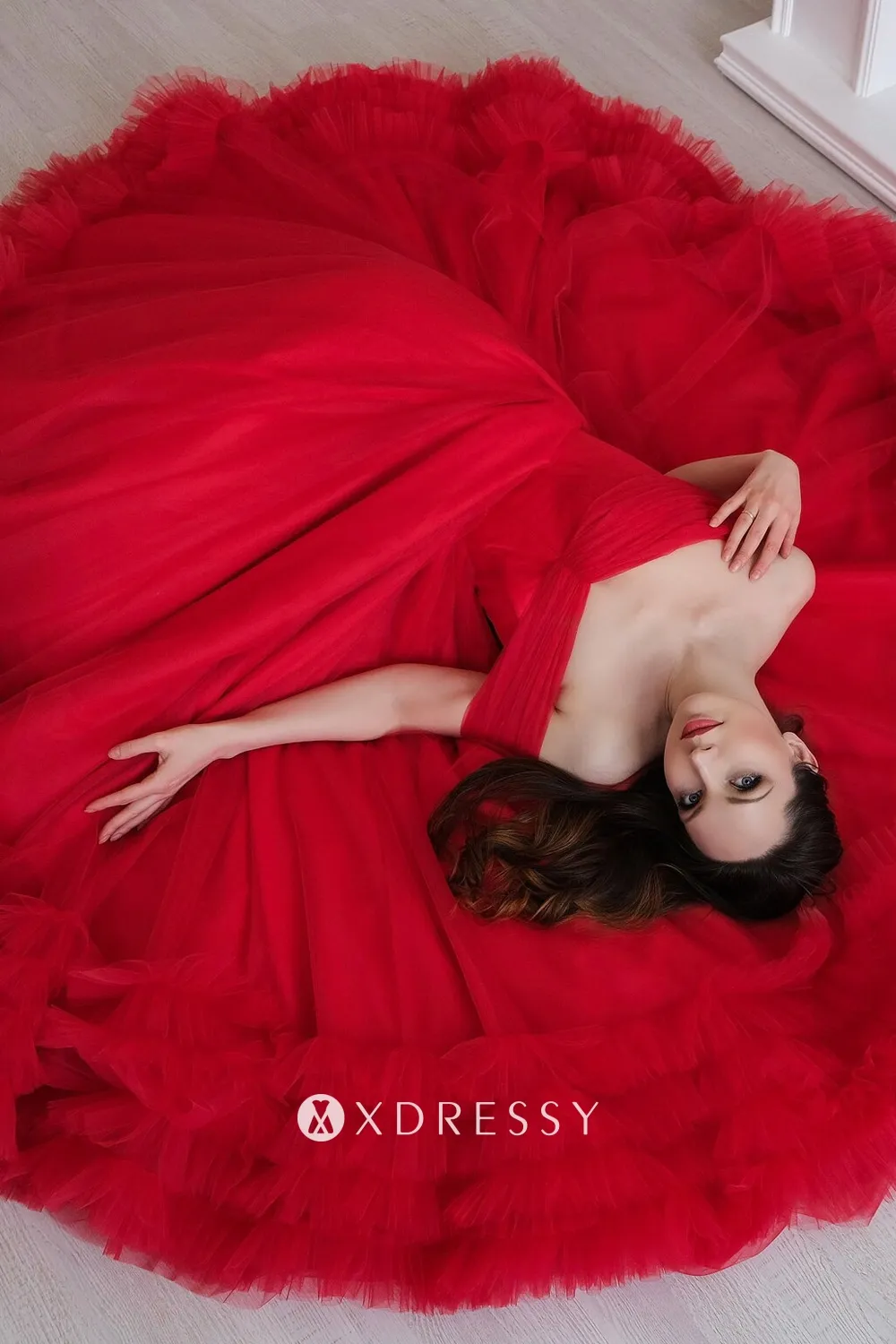 red tulle off the shoulder engagement dress