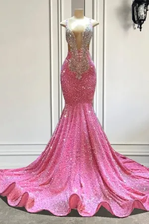 hot pink sequin plunging neck beading mermaid prom gown