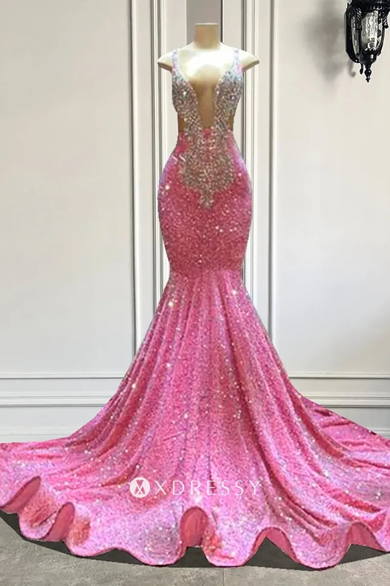 hot pink sequin plunging neck beading mermaid prom gown