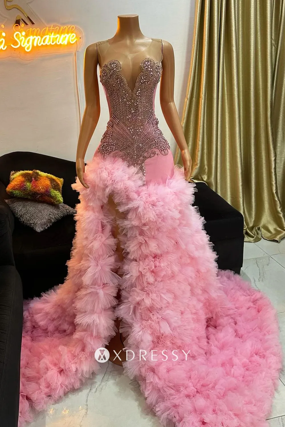 gorgeous crystal beading pink ruffled trumpet prom gown gorgeous crystal beading pink ruffled trumpet prom gown