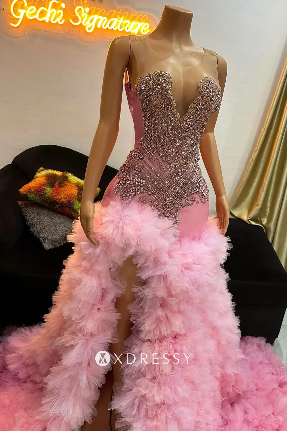 sparkly crystal beading pink ruffled prom dress sparkly crystal beading pink ruffled prom dress