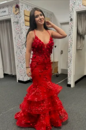 luxury red 3d floral applique tiered mermaid prom dress