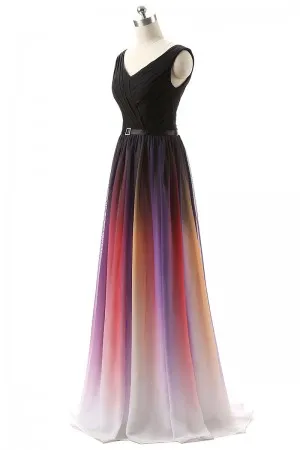 multi color ombre chiffon V neck bridesmaid dress