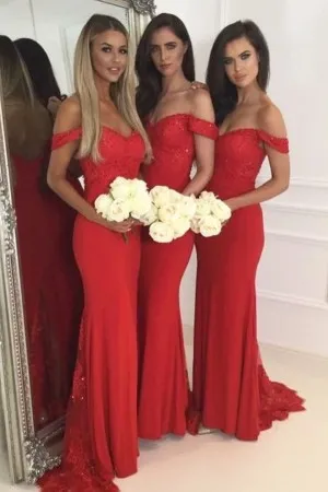 red sequin chiffon off shoulder bridesmaid dress
