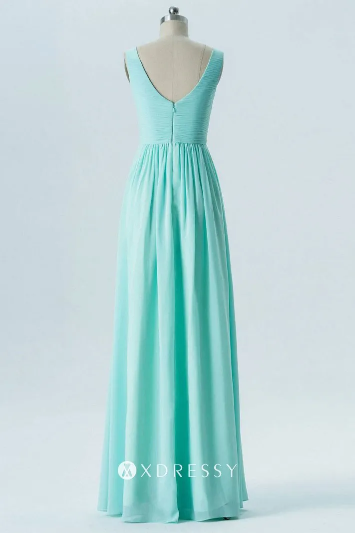 V back pleated aqua chiffon bridesmaid dress