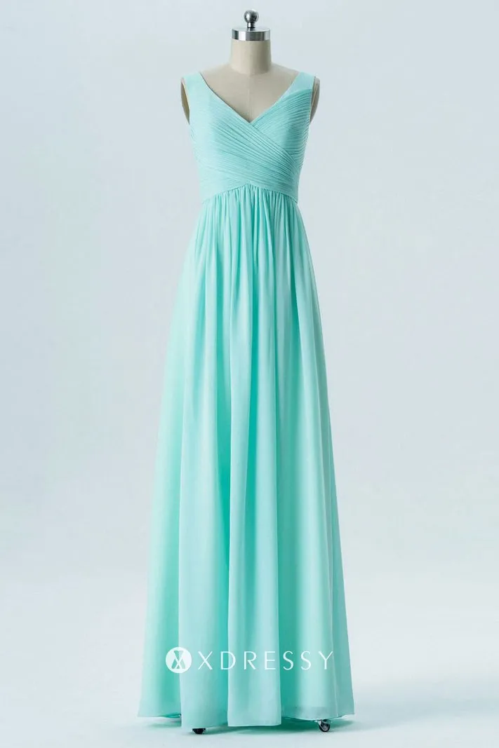 empire waist pleated aqua chiffon bridesmaid dress