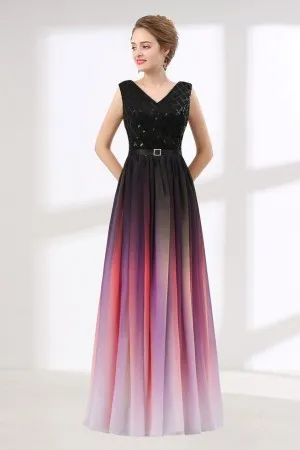 ombre black glitter red chiffon V neck formal gown