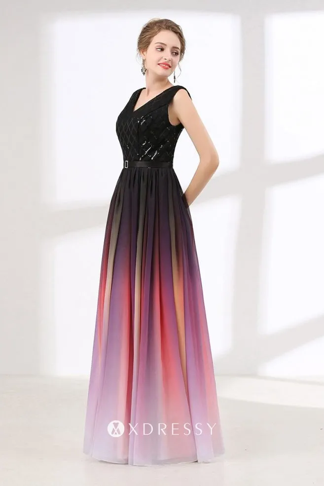 sleeveless black glitter red chiffon V neck formal gown sleeveless black glitter red chiffon V neck formal gown