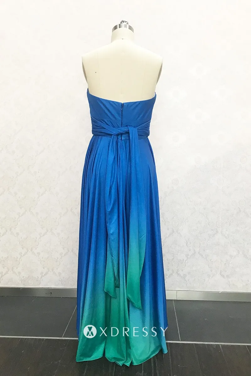 low back ocean blue to green chiffon bridesmaid gown