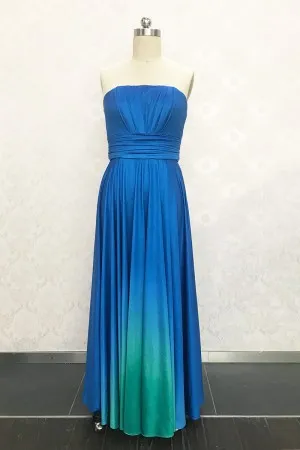 ruched ocean blue to green chiffon bridesmaid gown