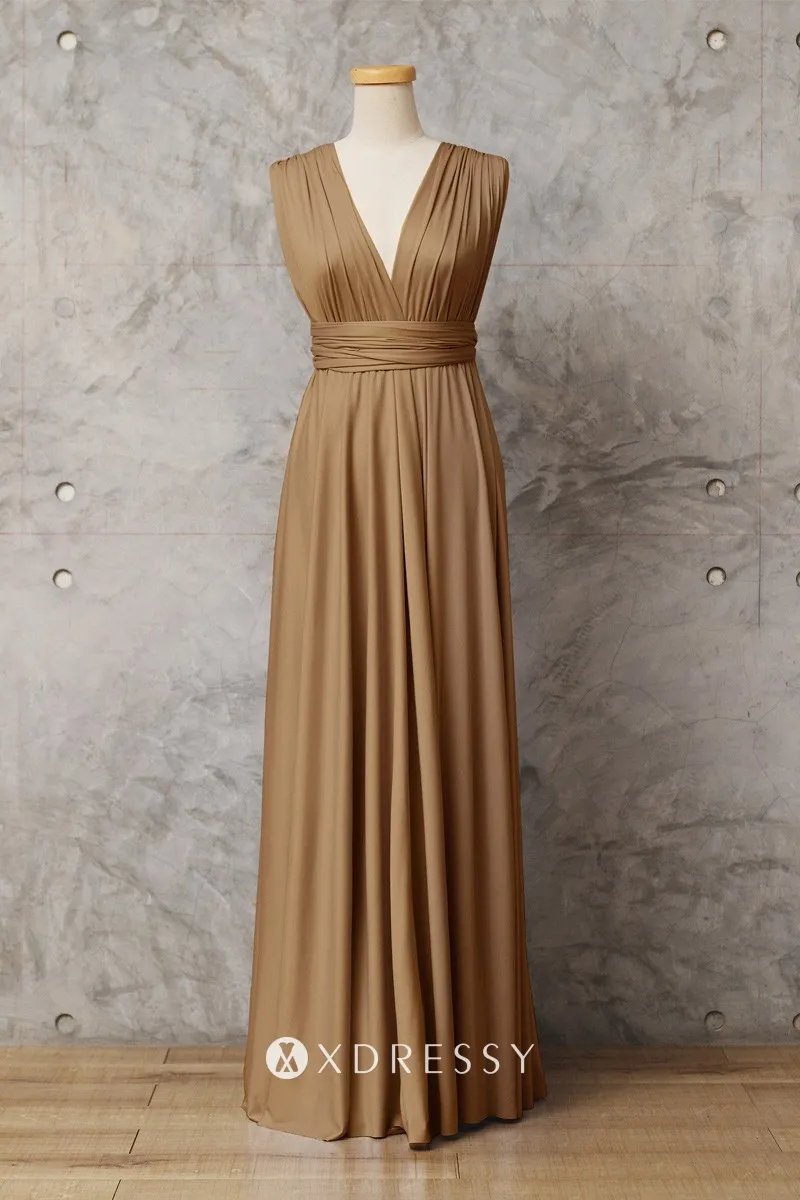 V neck golden brown convertible bridesmaid dress