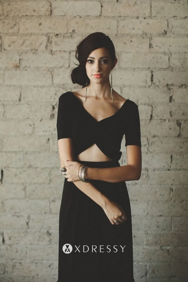Short Sleeve Cutout Black Jersey Bridesmaid Dress Xdressy