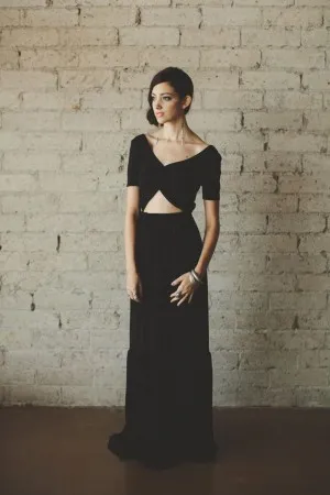 short sleeve cut out black jersey bridesmaid dress