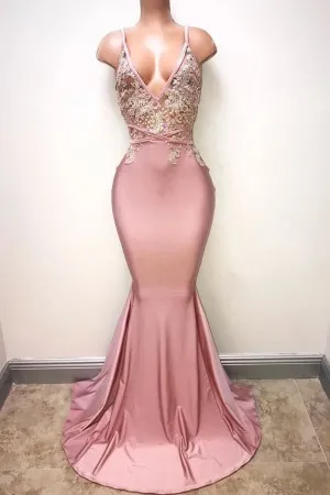 beaded illusion pink lace satin trumpet prom dress