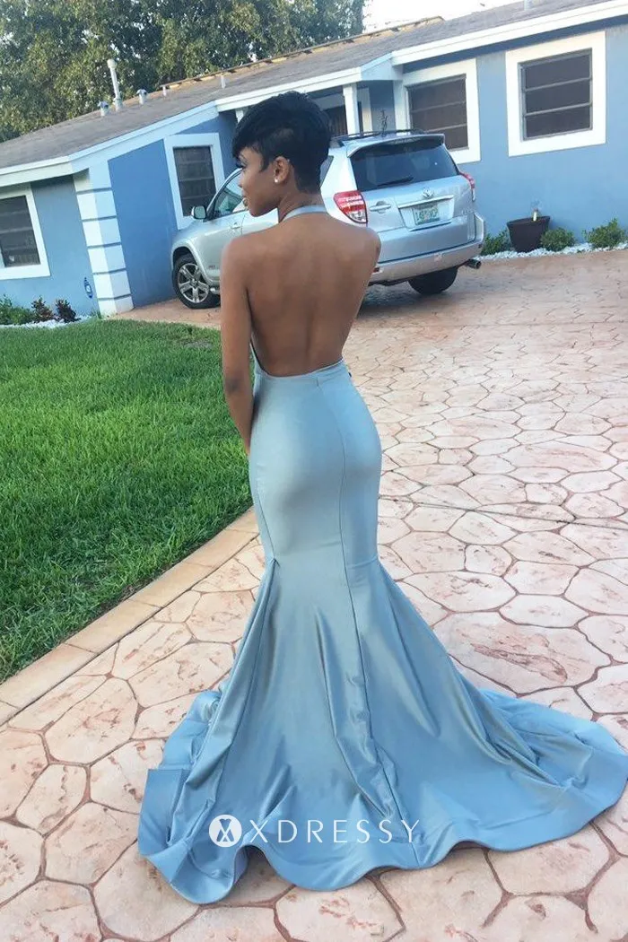 Halter V Neck Ice Blue Prom Gown - Xdressy