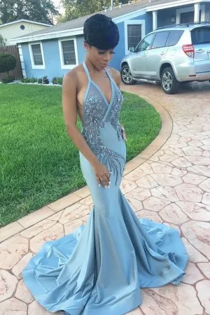 Glitter & Feather Halter V Neck Mermaid Prom Dress - Xdressy