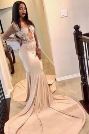 cream lace satin long sleeve illusion prom dress