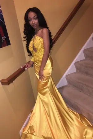 floral lace appliqued gold shiny satin prom dress