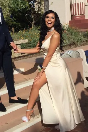 high slit draped V neck ivory satin sexy prom gown