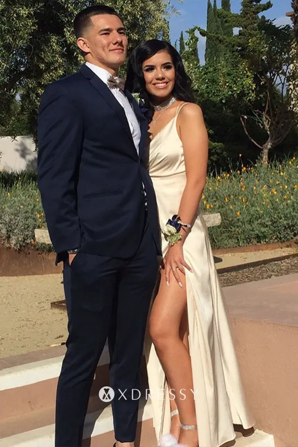 thigh high slit draped V neck ivory satin sexy prom gown