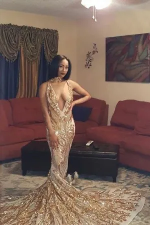 plunging neck gold sequin mermaid long prom dress