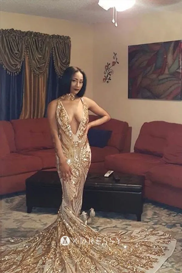 plunging neck gold sequin mermaid long prom dress