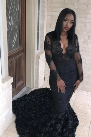 black illusion lace 3D rose mermaid long prom gown