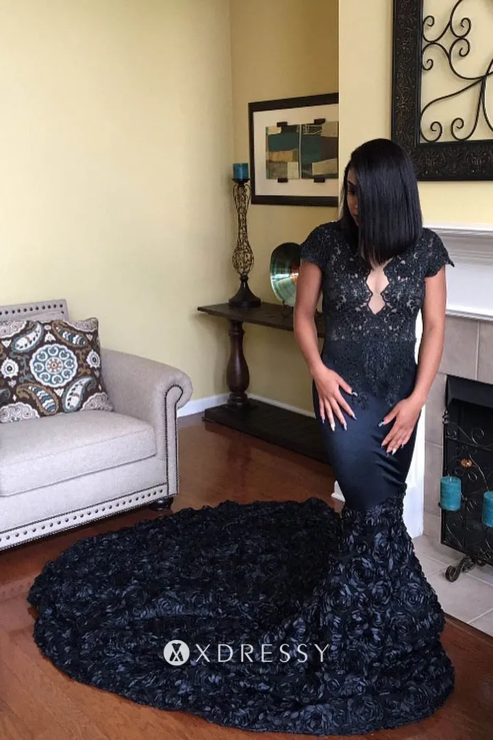 black lace 3D rose long train prom dress black lace 3D rose long train prom dress