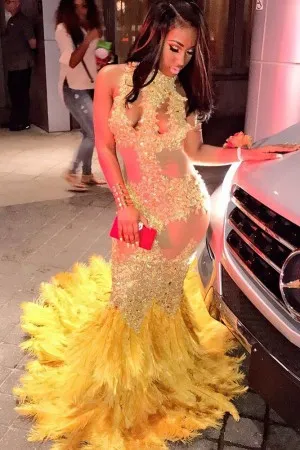 beaded yellow lace feather high neck prom dress