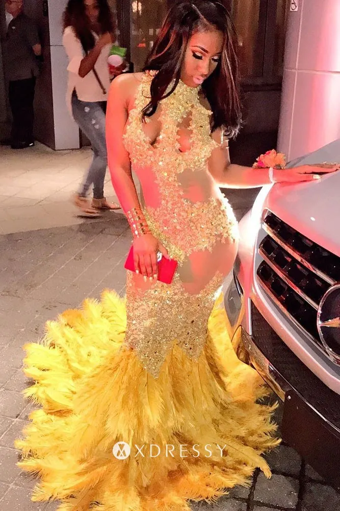 beaded yellow lace feather high neck prom dress