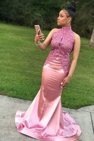 high neck rose pink lace satin mermaid prom dress