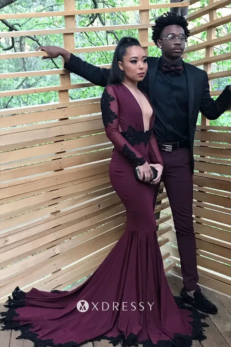 Black Lace Plum Jersey Plunging Neck Prom Dress Xdressy