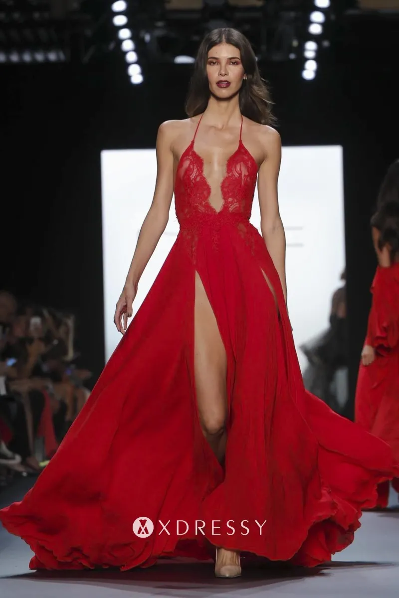 Red Lace Chiffon Prom Gown - Xdressy
