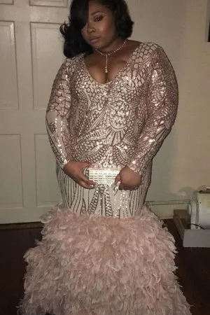 gold sequin feather plus size sleeved prom gown