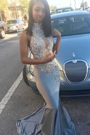beaded lace satin cut out mermaid grey prom gown