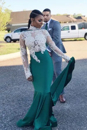 beaded illusion white lace green satin prom dress