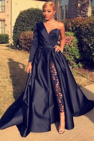 one sleeve one shoulder high slit black prom dress
