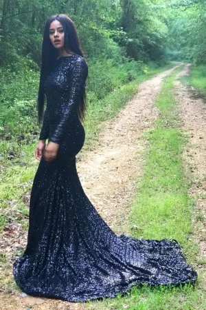 long sleeve crew neck dark navy sequin prom dress