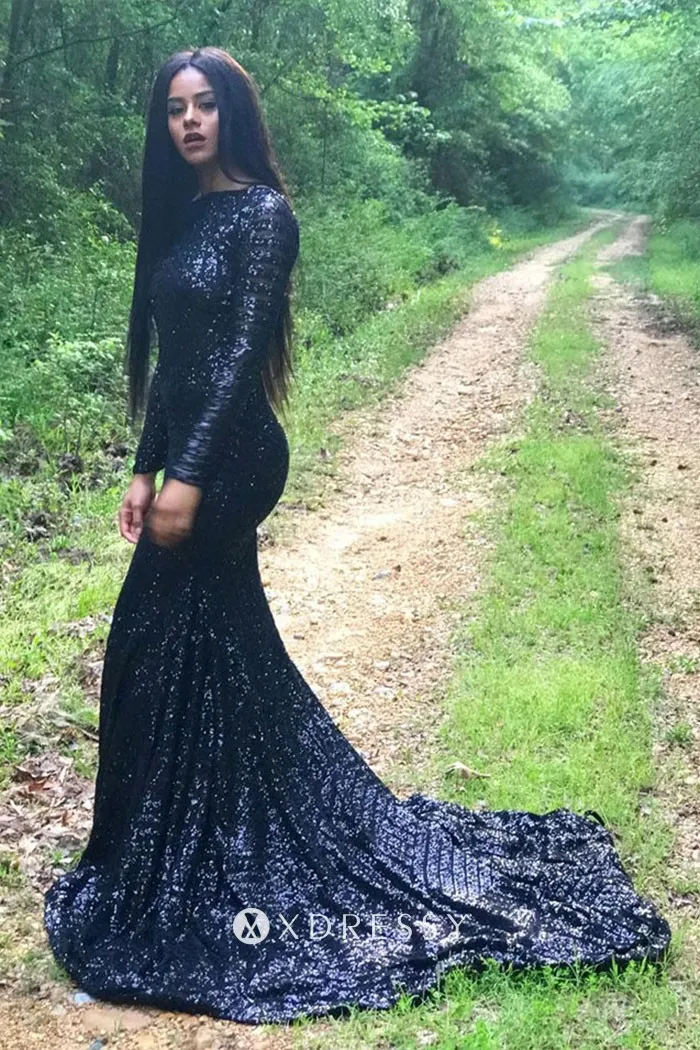 long sleeve crew neck dark navy sequin prom dress