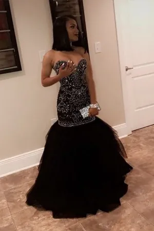 beaded strapless drop waist black tulle prom dress