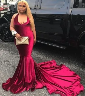 empire waist red velvet prom dress with long train