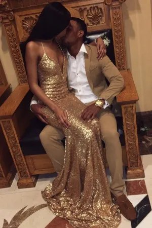 gold sequin slim fit mermaid long train prom dress