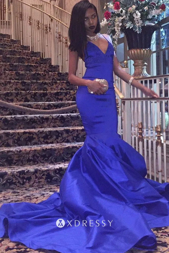 royal blue satin mermaid prom dress