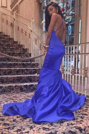 backless royal blue shiny satin mermaid prom dress