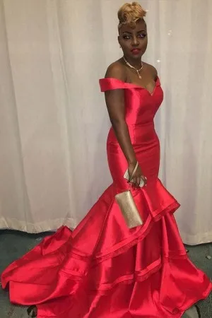 off shoulder tiered mermaid red satin prom dress